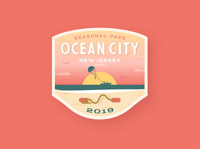 Ocean City Beach Tag adobe illustrator badge design beach beach tag boat logo branding clouds coral illustration jersey cape jersey shore new jersey parasailing sand seagulls seasonal sunset typography