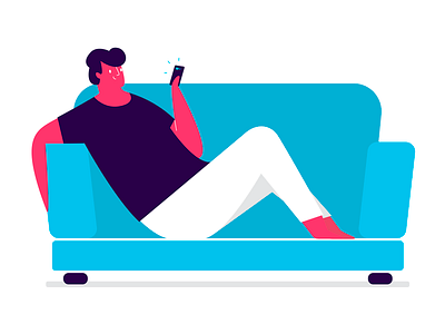 phone & chill app boy chilling couch happy illustration phone relax vector