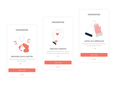 reciclamos, recycling app app carrousel design figma high five illustration login mobile product recycle together ux vector world