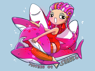 Mother of sharks character cute dreadlocks funny hotpink illustration lovely mama mother of dragons pink procreate shark sharks wallpaper