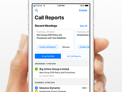 Recent Meetings calendar call create ios list report