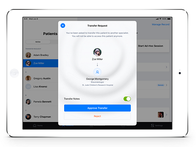 Transfer approve doctor ipad ipados medical message mobile modal reject share