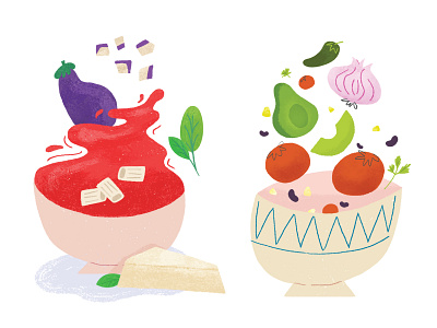 Bowls bowls bowls! adobe composition cookbook design guacamole illustration illustrator pasta photoshop procreate recipe salad texture texture pack vector vegetables
