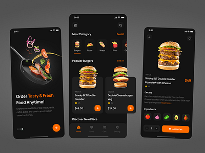 Food Delivery App burgers dark delivery food food delivery mobile app online restaurant stylish ui ui design