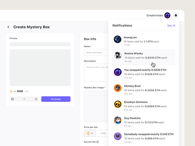 Notifications of Creatorchain bell blockchain creator dapp designsystem marketplace nft notification protocol uxui webdesign