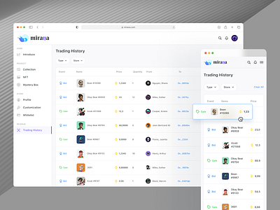Trading NFTs history blockchain creator defi desktop marketplace mirana mobile nfts responsive ui ux