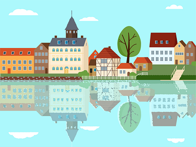 Small old town city fachwerk flat houses illustration lake landscape medieval nature old river summer town water