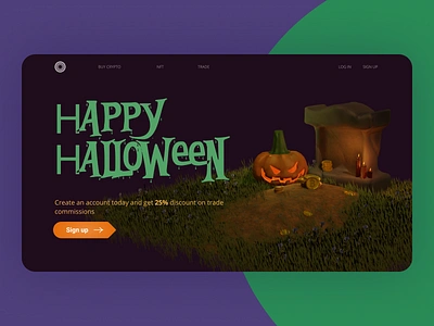 Halloween landing page for a fintech company 3d bitcoin candles character coin dark fintech grave halloween illustration jack o lantern landing page money product pumpkin scary spooky ui web website