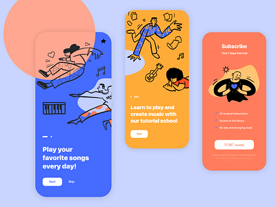 Let's play accent character doodles illustraion ios app design mobile app design music music app onboarding open doodles palette subscription ui