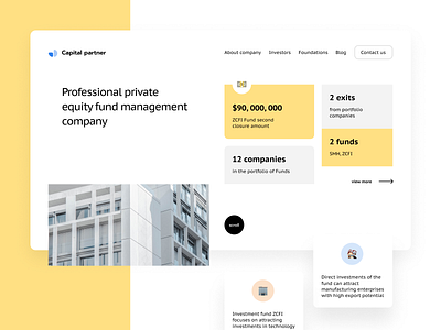 Investment accent blocks capital cards desktop funds investing landing management photo presentation scroll simple ui web design website yellow