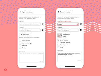 Problems? add photo checkbox form fulfillment incorrect location memphis mobile ui qr code report report a problem state step uncorrect ux