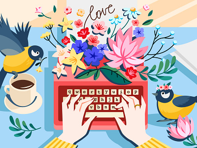 Love letters coloring book flat flowers game illustration typewriter vector