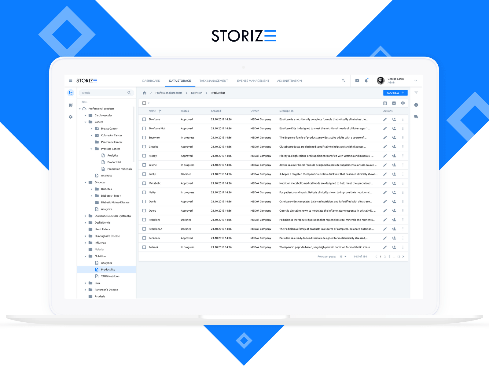 Storize - Table settings application blue columns data grey grid rows settings storage table