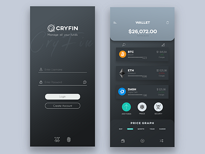 CRYFIN. - Cryptocurrency and Finance App UI app app ui balance bank bitcoin card clean crypto wallet dark dashboard design finance ios minimal mobile mobile app design ui ui ux ui design ux