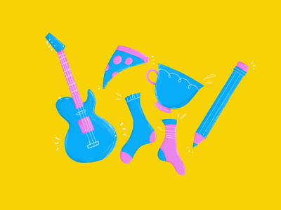 Things That Make Me Happy #1 colorful colours design food guitar happy icon icons illustration mug music object pencil pizza procreate socks tea teacup things vector