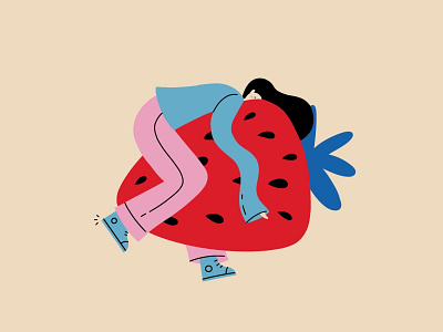 Spring hug berry colours cute food funny girl hug illustration lazy love procreate quarantine spring strawberry woman