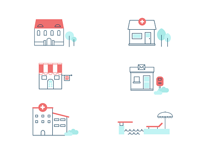 Little buildings of Freyung brand colours design icons illustration