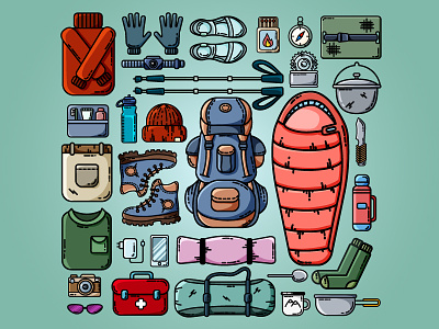 Camping icons set backpack camping flat icon illustration set tourism trekking ui vector