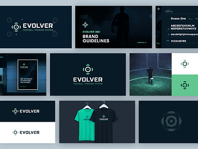 Evolver 360 Branding 2d blue brand identity branding clean dark football green innovation ledwall logo pitch soccer system tech training vector