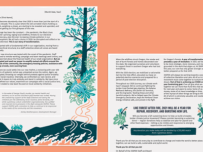 350PDX End-of-Year Appeal Letter activism appeal climate climate change climate crisis drawing environment fire foliage fundraising hand drawn illustration layout mountains non profit nonprofit print design procreate trees volunteer