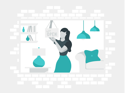 Small Business Illustration blue bricks business couch grey lamps open sign small woman