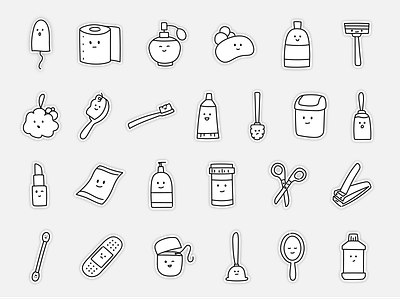 Bathroom objects (with faces) cute design icons illustration