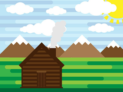 Sunny day real estate abstract cabin clouds minimal mountains rounded sun vector