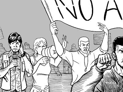 Anchormen - Protesters black and white cartoon character comic drawing illustration