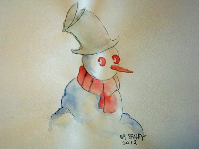 Frosty, the sad snowman cartoon character comic drawing illustration ink watercolour