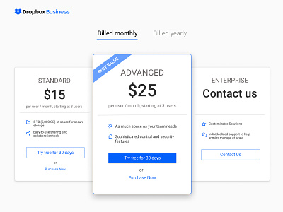 Daily UI 030 - Pricing daily 100 daily 100 challenge daily challange daily ui dailyui dailyui030 design dropbox dropbox redesign pricing pricing page pricing plan pricing plans ui