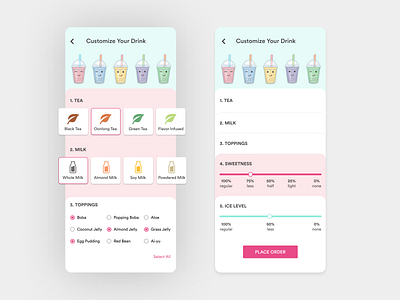 Daily UI 033 - Customize Product boba boba tea customize customize product customized daily 100 daily 100 challenge daily challange daily ui daily ui 033 dailyui design drink drink menu milk tea milktea mobile app design mobile ui mobileapp ui