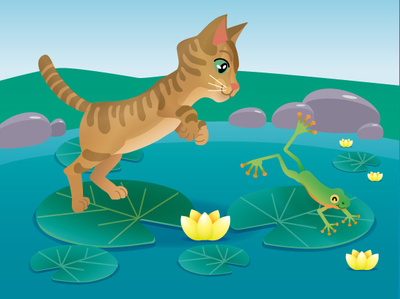 "Un gato en una charca pego un brinco." cat children book frog pond vector art