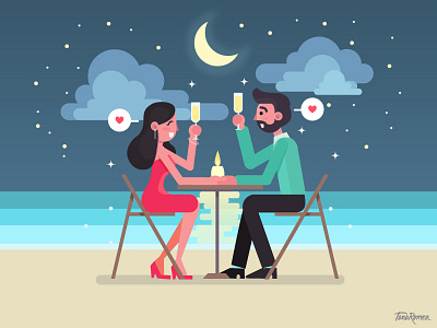 Romantic dinner. beach couplegoals dinner illustration nigth vector