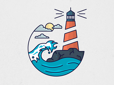 lighthouse beacon icon illustartion lighthouse nature ocean ships sky sun waves