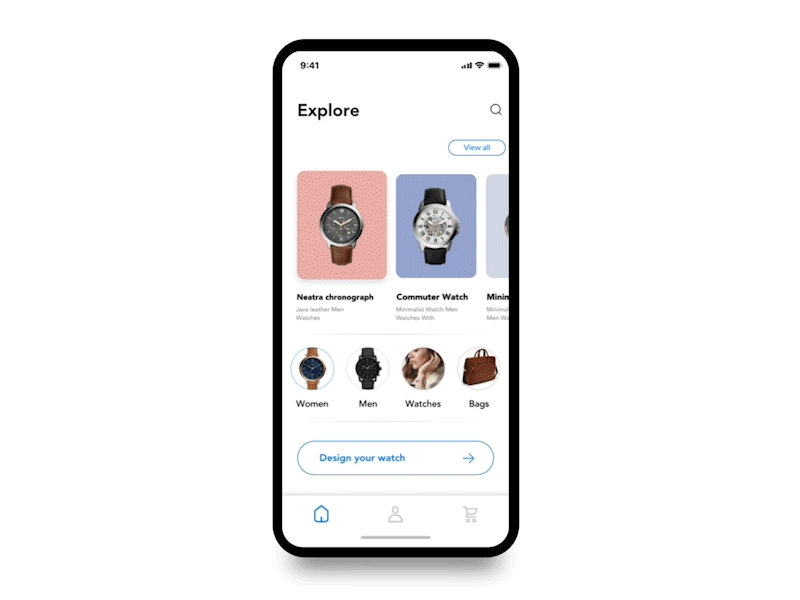 Watch Store App animation branding brown cards clean dashboard dashboard design design app ecommerce app flat icon ios iphonex iphonexs minimal motion profile shop ui ux