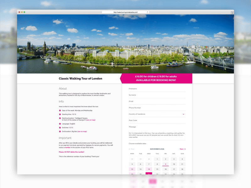 London Tours Booking Page booking calendar city colour form header market me new tour ui ux