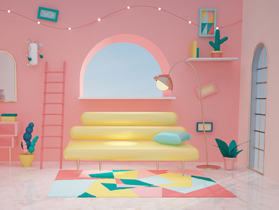 architectural self explorations (1) 3d illustration c4d home illustration livingroom modelling pink