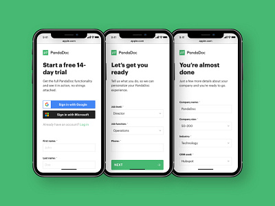 PandaDoc Mobile Sign Up Form form marketing mobile form mobile web pandadoc sign up signup steps ui ux web