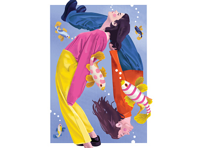 March fishes air breath color deep fish fishing girl hair illustration koi life pisces sleep style swim water waterfall