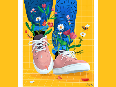 Spring in my step bee bloom color flowers green greens hipster illustration leaves life pattern plants sneakers spring steps style time walk yellow youth