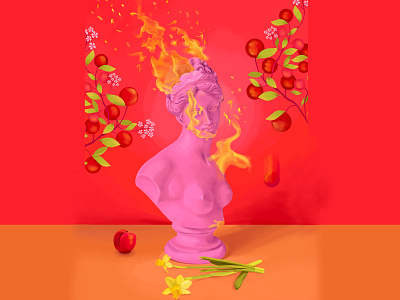 Venus on fire bloom blooms classical color face fire flame flowers greek god illustration love marbel peaches pink portrait sexuality spring statue venus womans