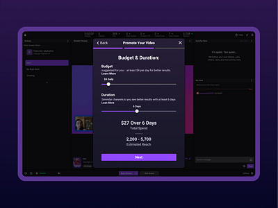Promotion Feature - Budget step dark mode day dollar gaming live livestream money payment platfom product progress promotion step streaming tablet ui ux video view youtube