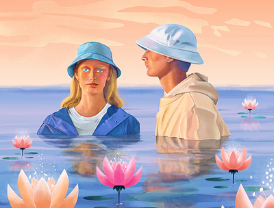 Lilies on the hill bloom boy clouds face flower girl glow hat hill lilly music portrait reflection sea sky sunset swim transparent water waves