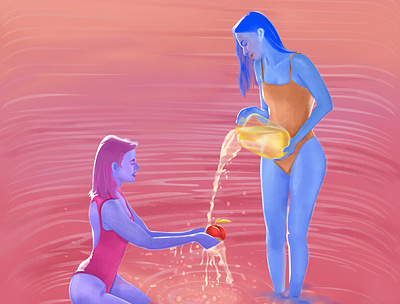 Summer Peaches blue fruit girl illustration love peach portrait sea summer sunset sweet swimsuit water