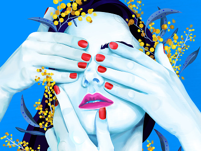 Blue Velvet blind bloom blue color face flowers girl hair hands illustration leaves nails portrait velvet yellow