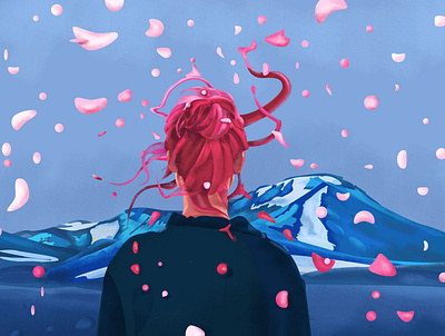 Blue Sky art color dream fire flame fly freedom girl hair illustration memory mountain nature particles portrait red sky snow space wind