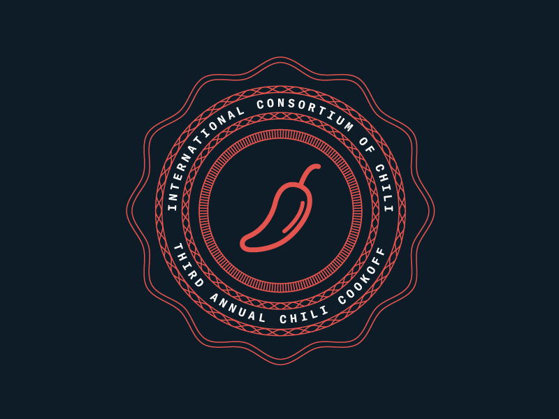 International Consortium of Chili Seal chili chilifood cookoff type red blue dark baseball badge seal food