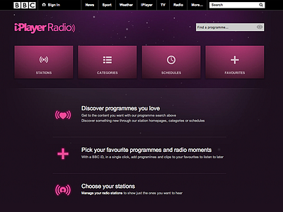 BBC iPlayer Radio bbc favourites homepage iplayer iplayerradio landing networks radio stations ui