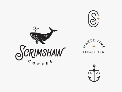 Scrimshaw Coffee anchor branding hand drawn icon illustration lettering logo monogram nautical whale