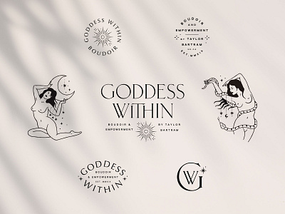 Goddess Within Boudoir badge boudoir branding empowerment feminine goddess hand drawn identity illustration logo moon nude secondary snake star submark sun witchy women